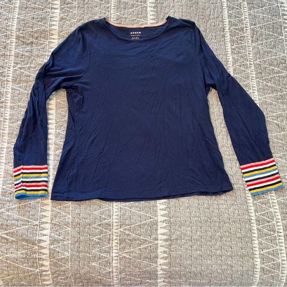 Boden Navy Long Sleeve Tee Rainbow Stripe Cuffs UK 18 US 14